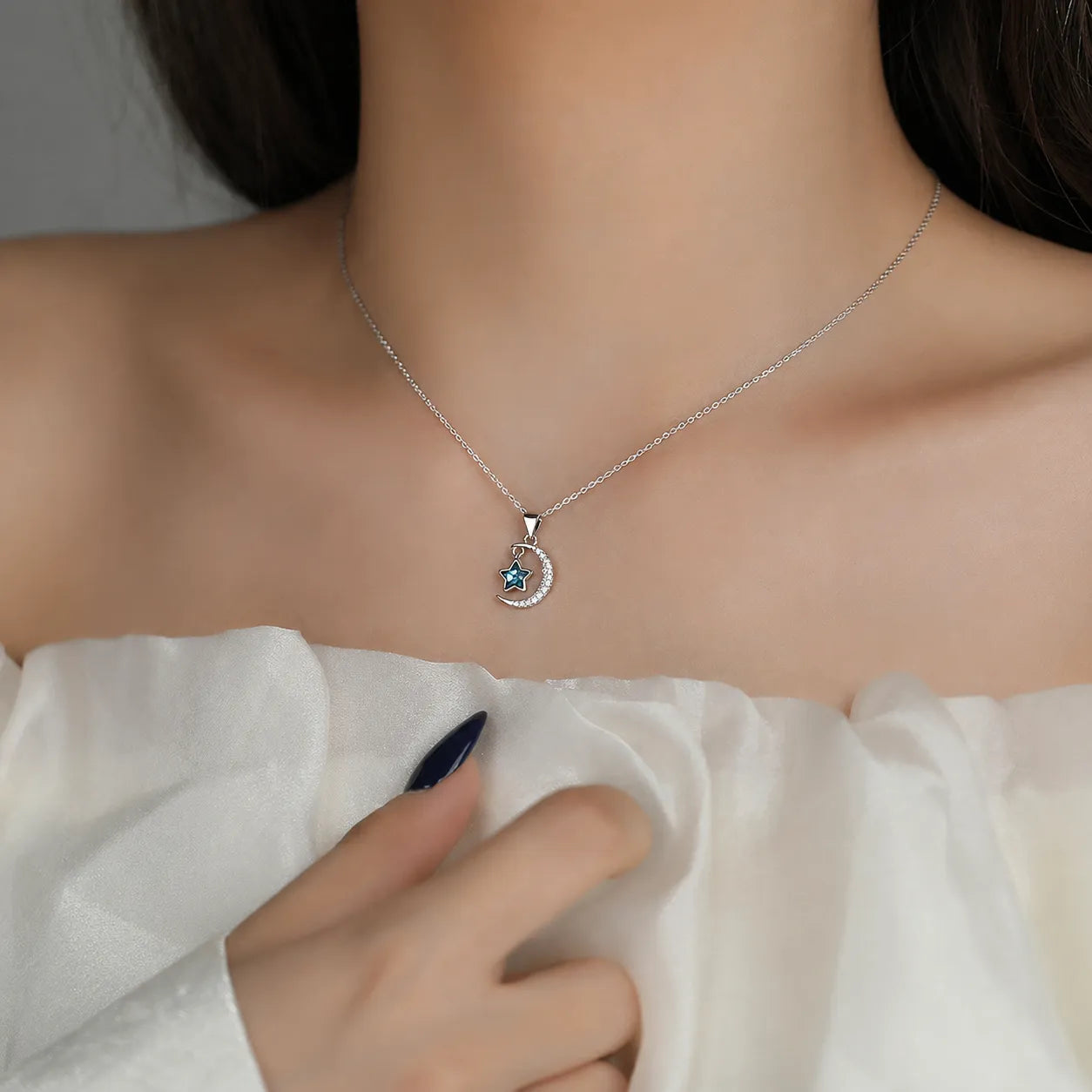 Crescent Moon Necklace 925 Sterling Silver Blue Star Charm