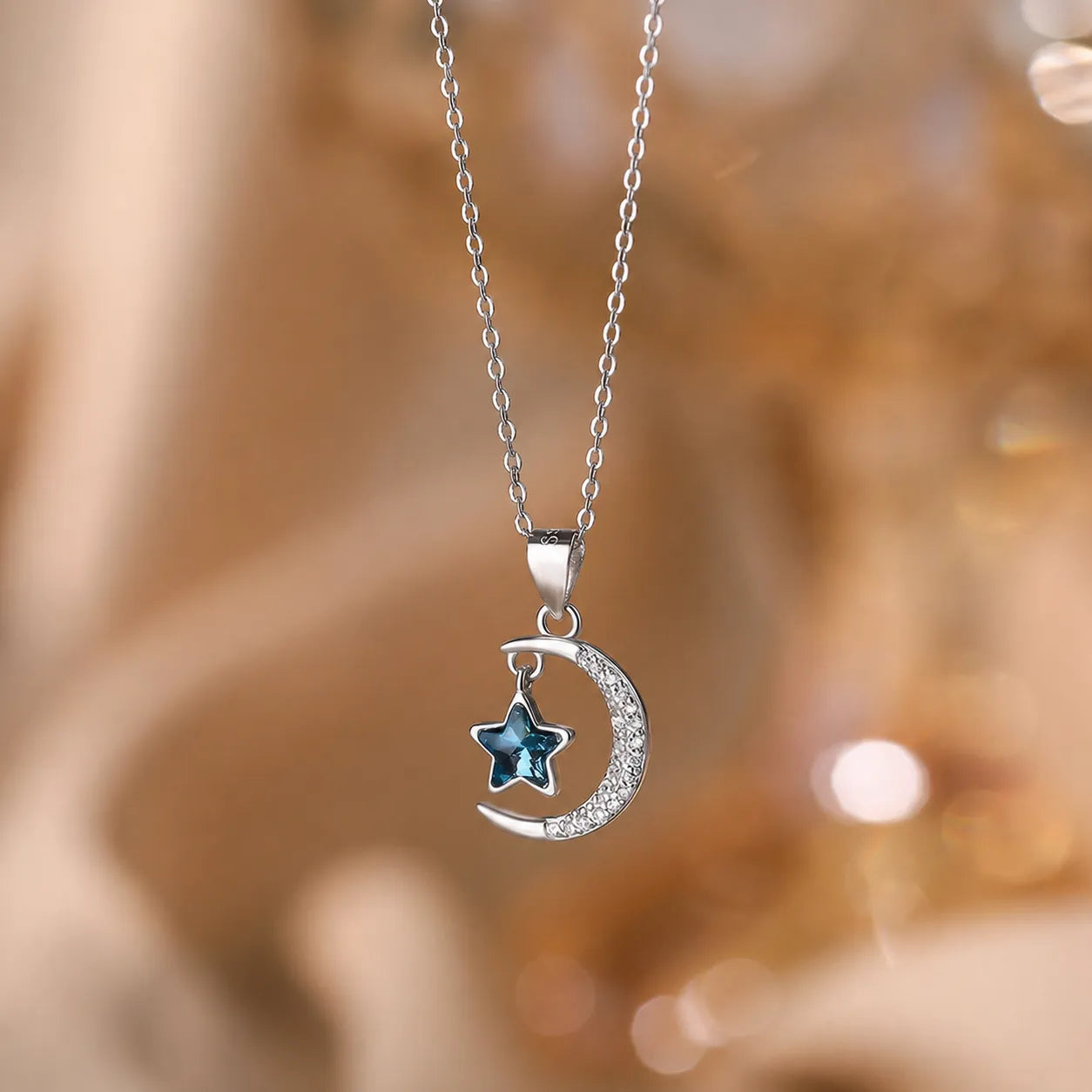 Crescent Moon Necklace 925 Sterling Silver Blue Star Charm