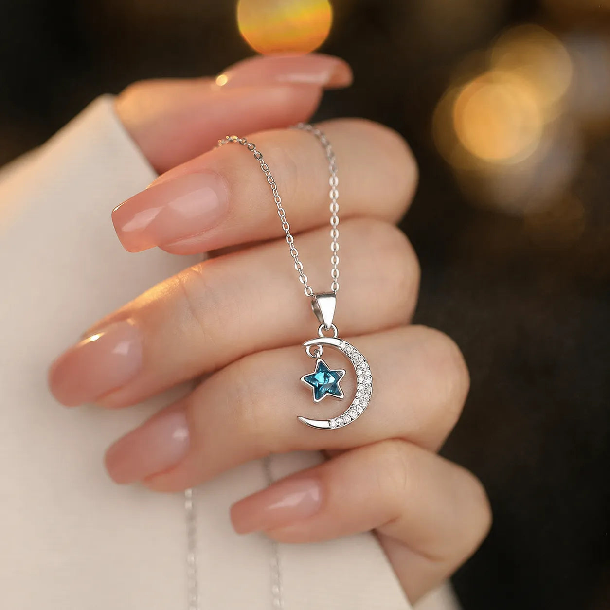Crescent Moon Necklace 925 Sterling Silver Blue Star Charm