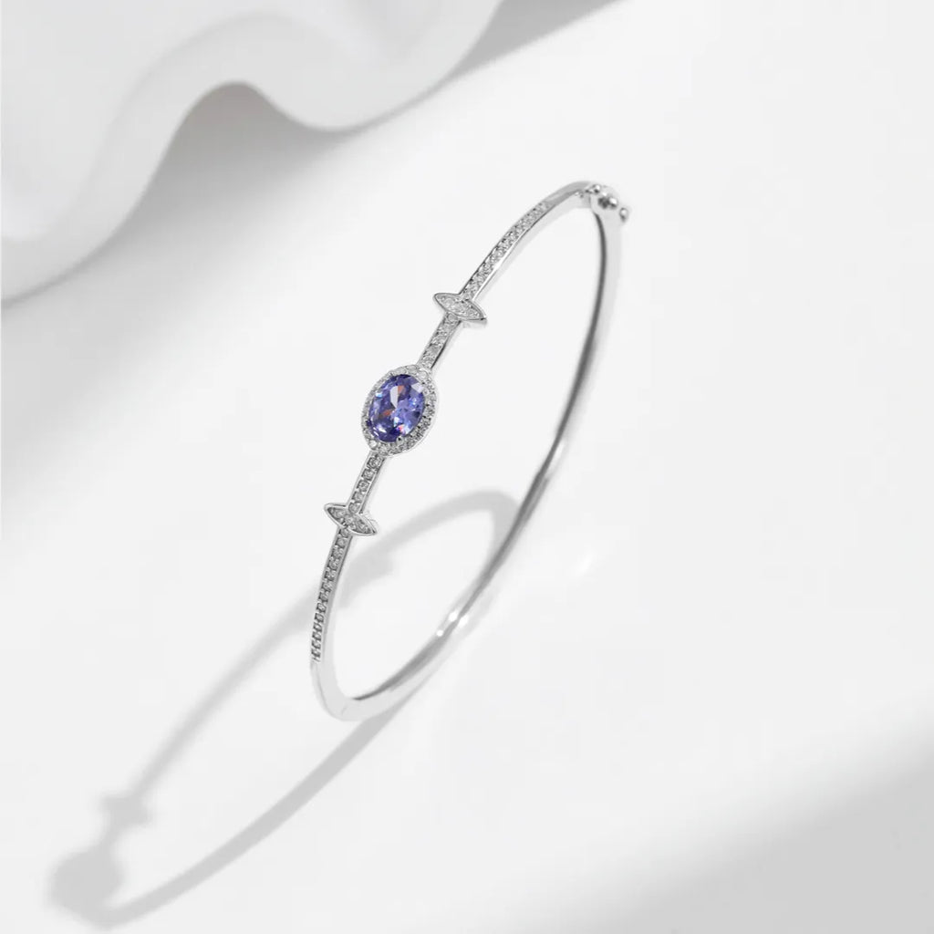 Silver Bracelet With Blue Stone 925 Sterling Silver Oval Zirconia Bangle