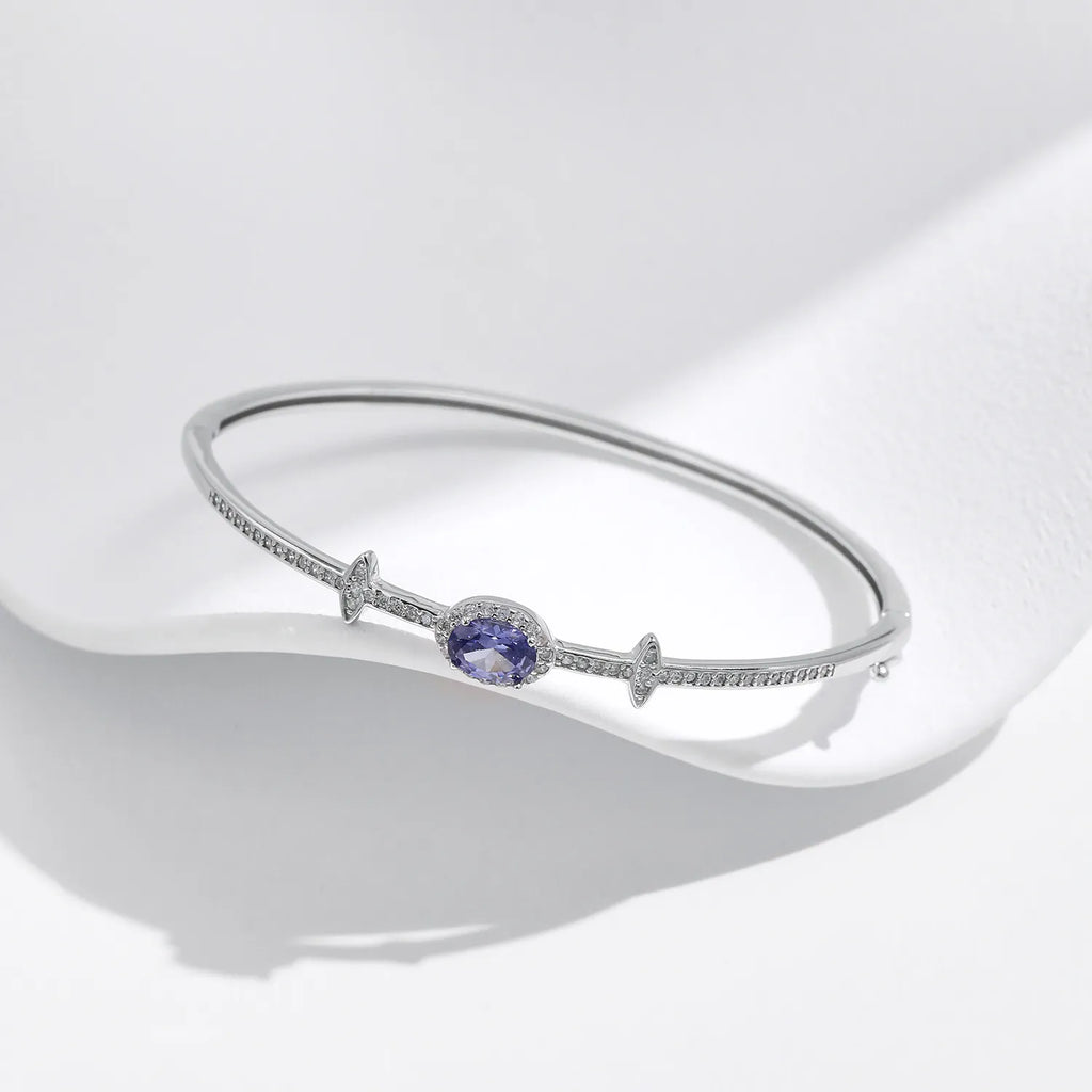 Silver Bracelet With Blue Stone 925 Sterling Silver Oval Zirconia Bangle
