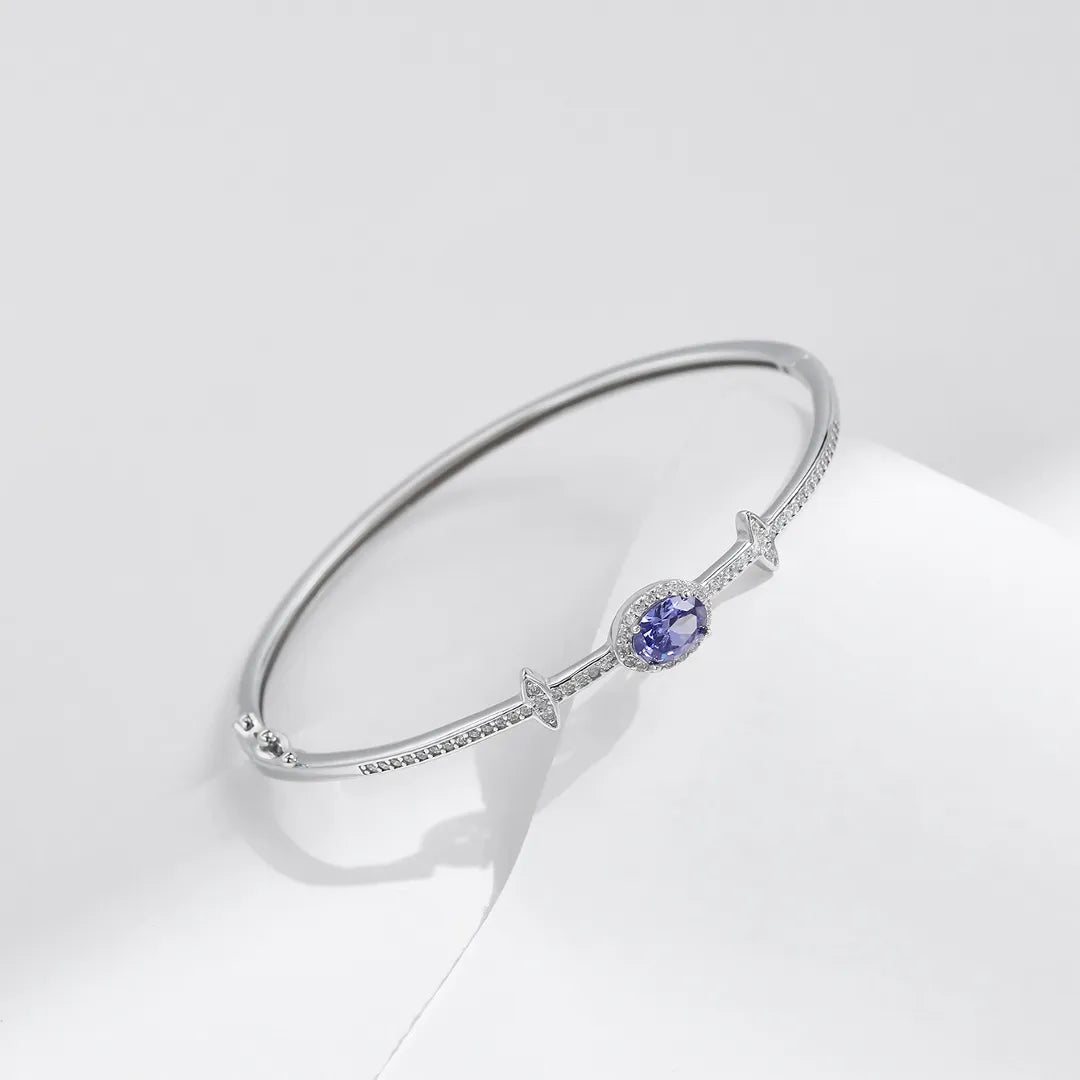Silver Bracelet With Blue Stone 925 Sterling Silver Oval Zirconia Bangle
