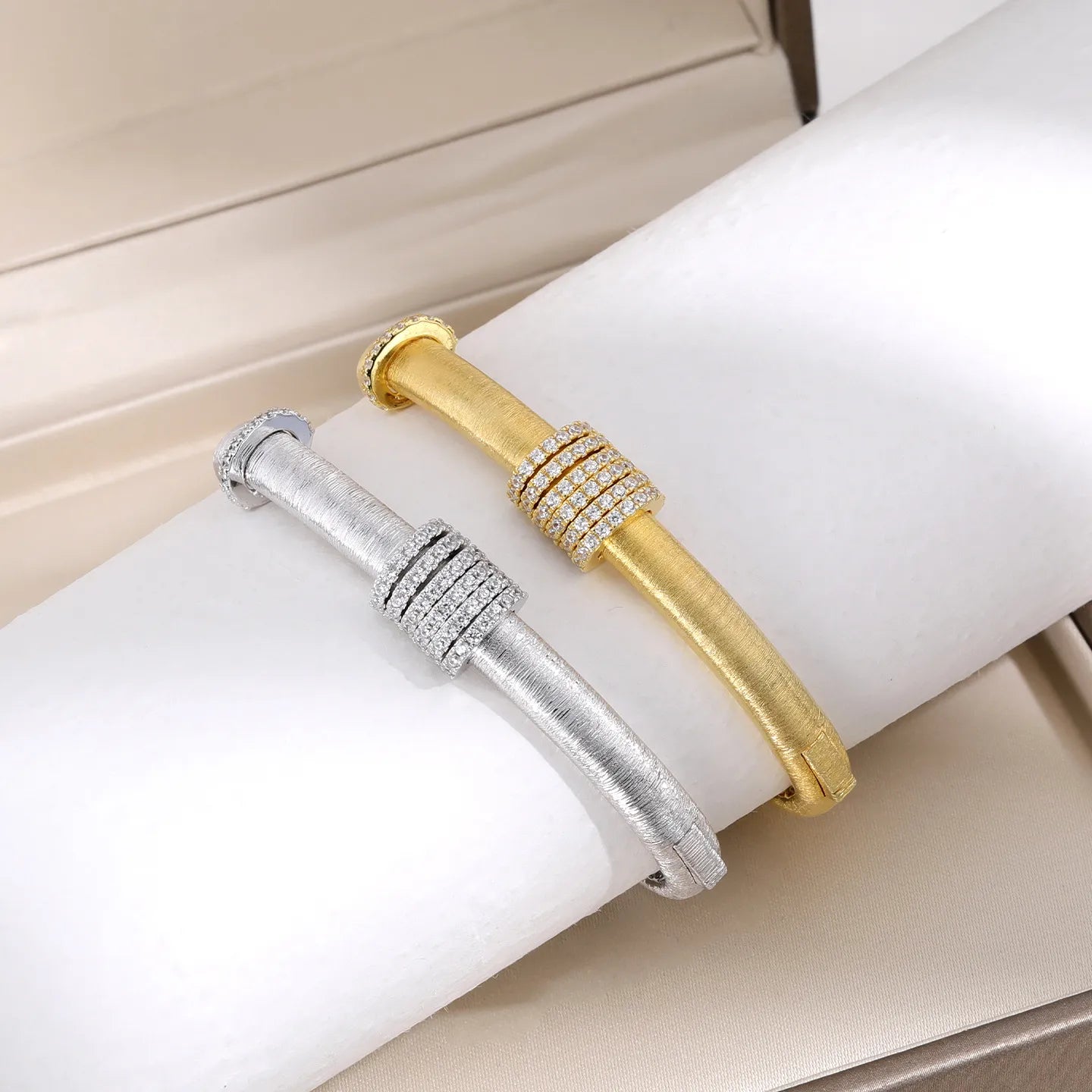 925 Sterling Silver Bangle Brushed Finish Cubic Zirconia Slider Accent