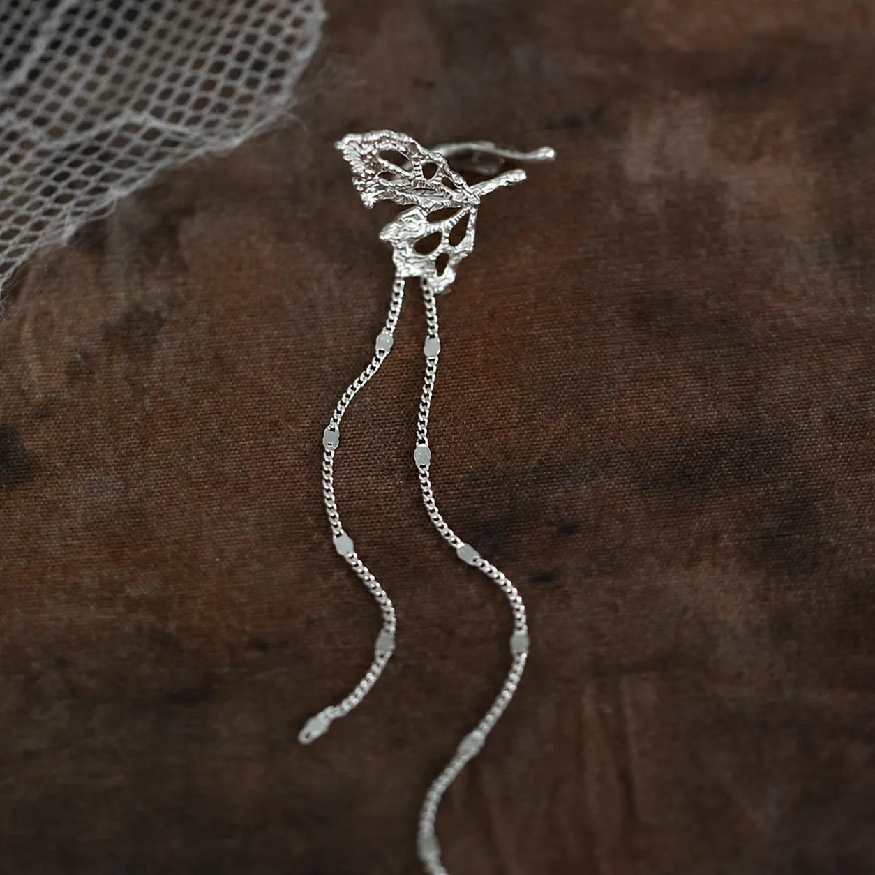 Ear Cuff With Chain 925 Sterling Silver Openwork Butterfly