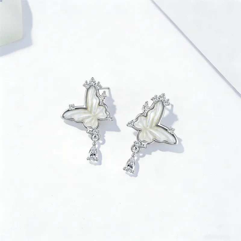 Butterfly Stud Earrings in 925 Sterling Silver with Mother of Pearl