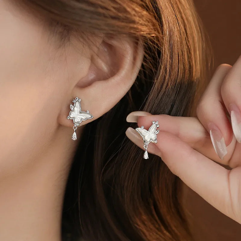Butterfly Stud Earrings in 925 Sterling Silver with Mother of Pearl