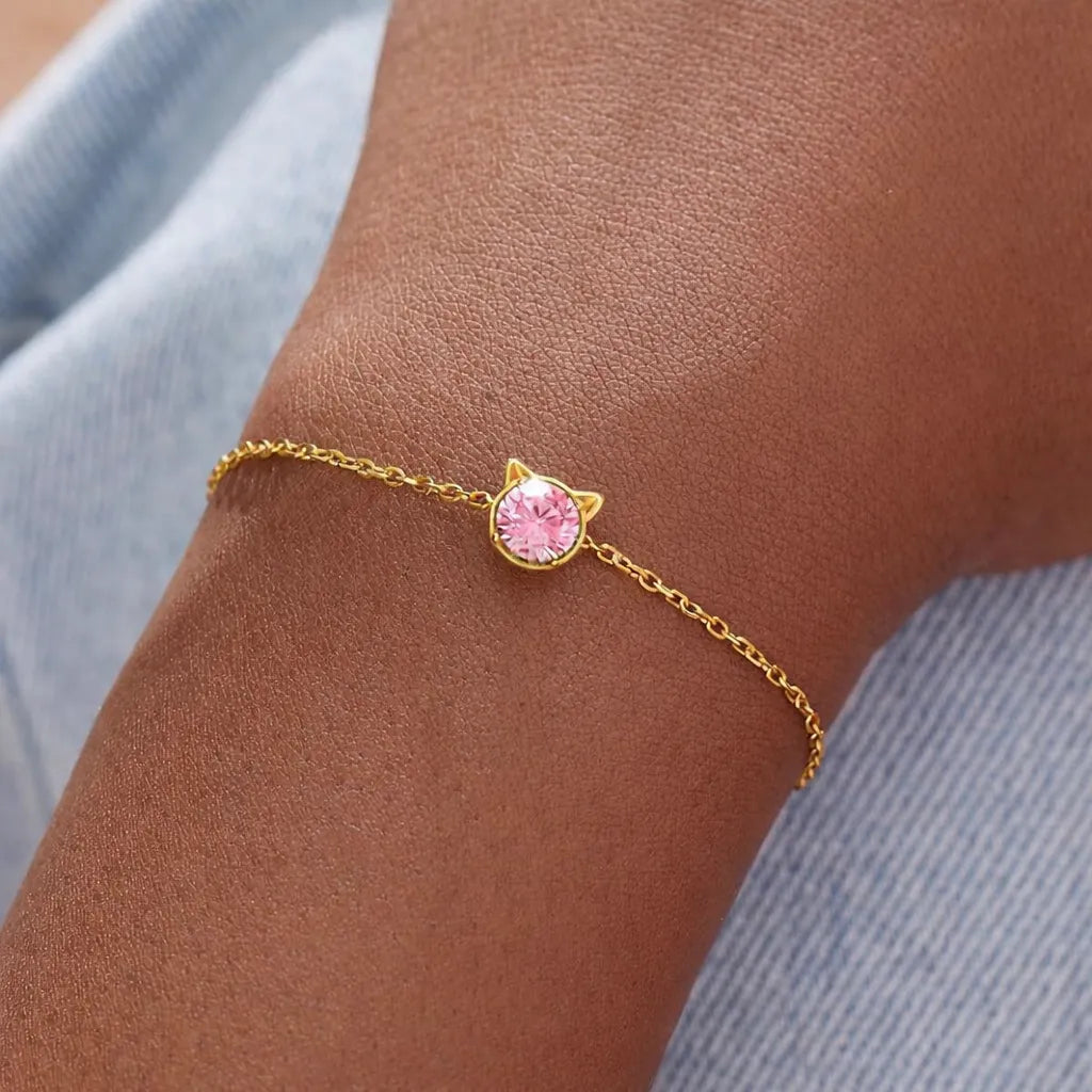 925 Sterling Silver Birthstone Bracelet with Cat Cubic Zirconia for Women