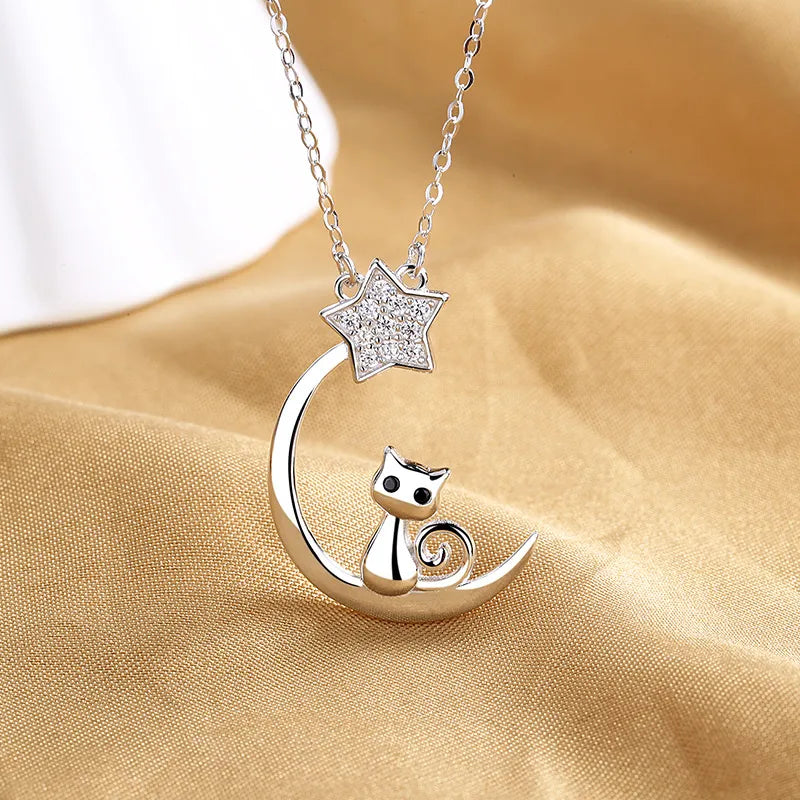 Cat Necklace 925 Sterling Silver Crescent Moon And Star Pendant