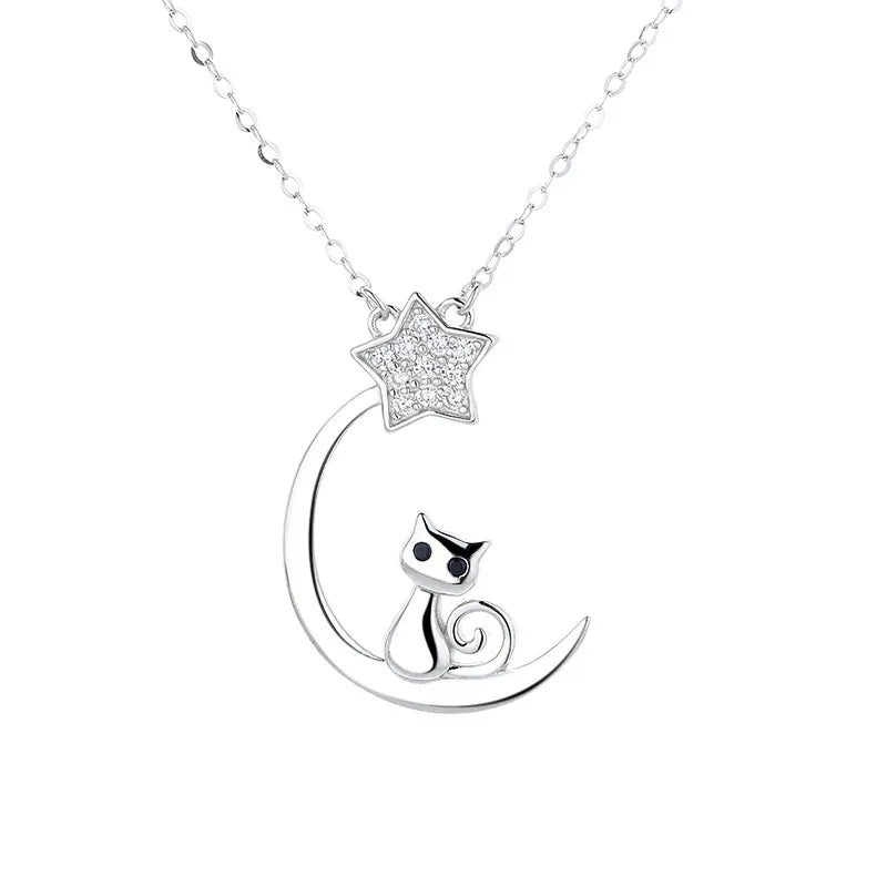 Cat Necklace 925 Sterling Silver Crescent Moon And Star Pendant