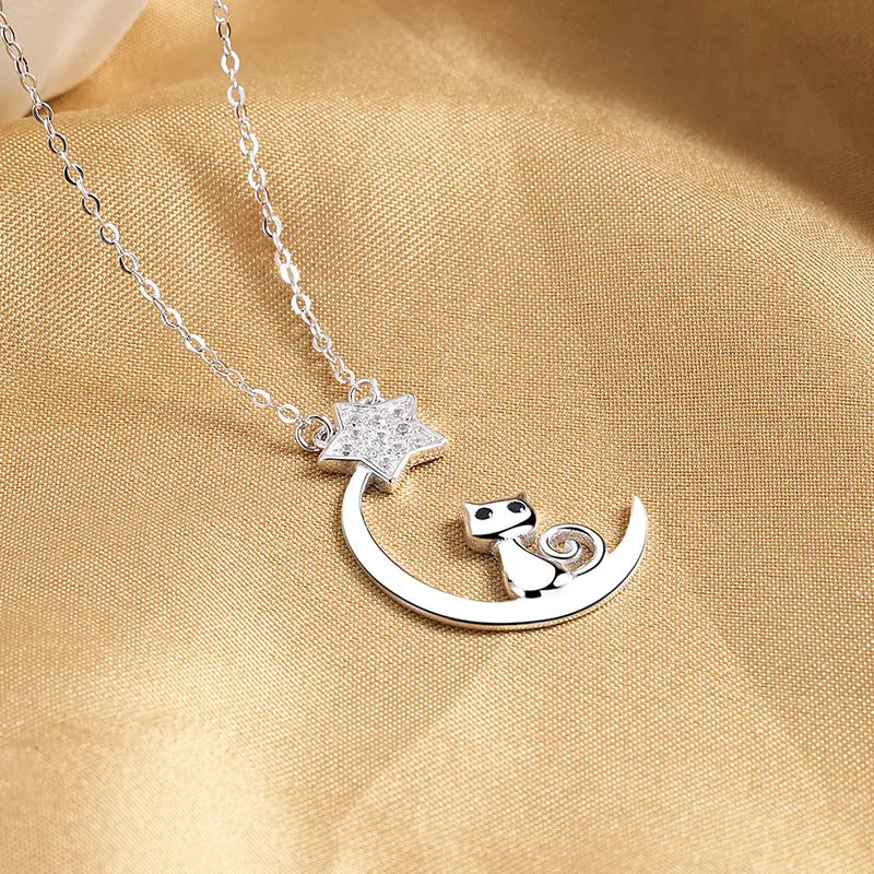 Cat Necklace 925 Sterling Silver Crescent Moon And Star Pendant