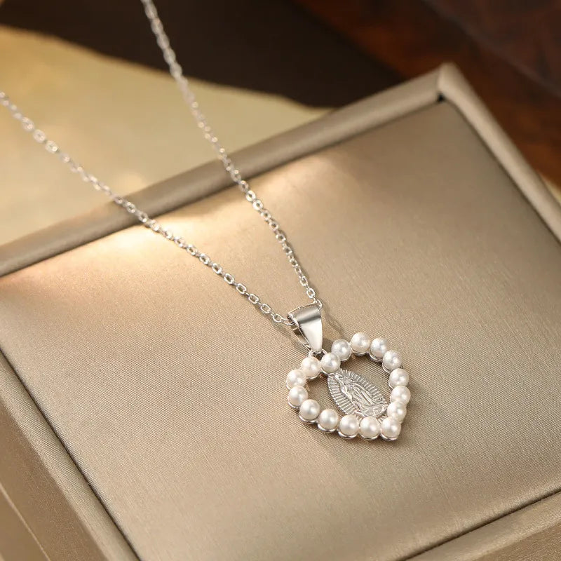 Virgin Mary Necklace Catholic Pearl Heart 925 Sterling Silver Gold Plated 18 Inch Adjustable
