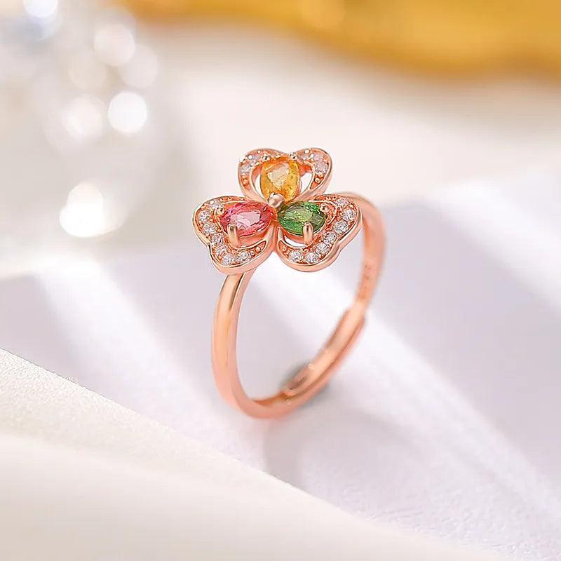 Clover Ring in 925 Sterling Silver with Tourmaline and 18K Rose Gold Plating