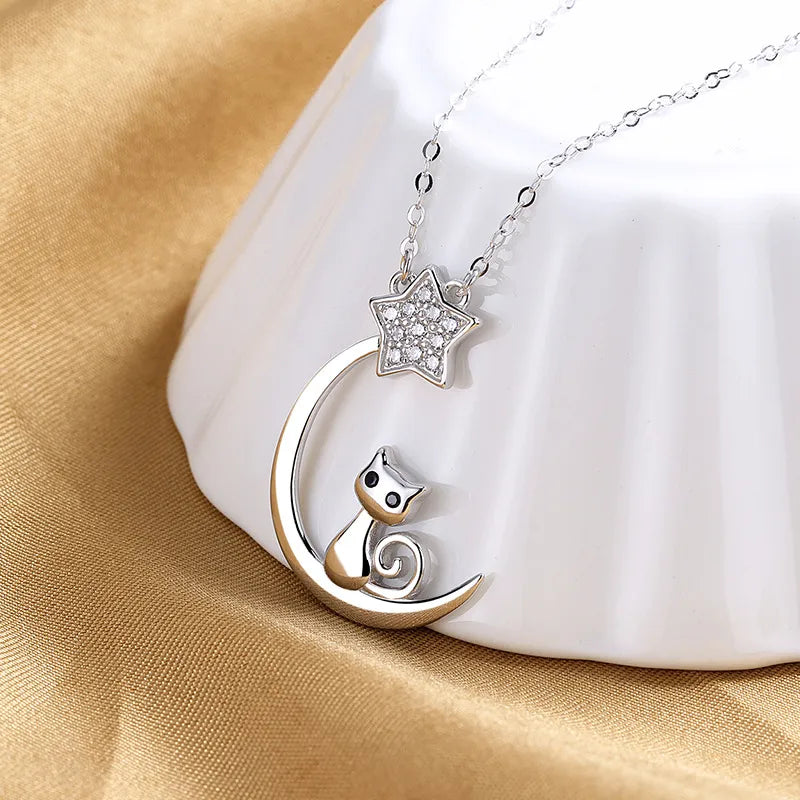 Cat Necklace 925 Sterling Silver Crescent Moon And Star Pendant