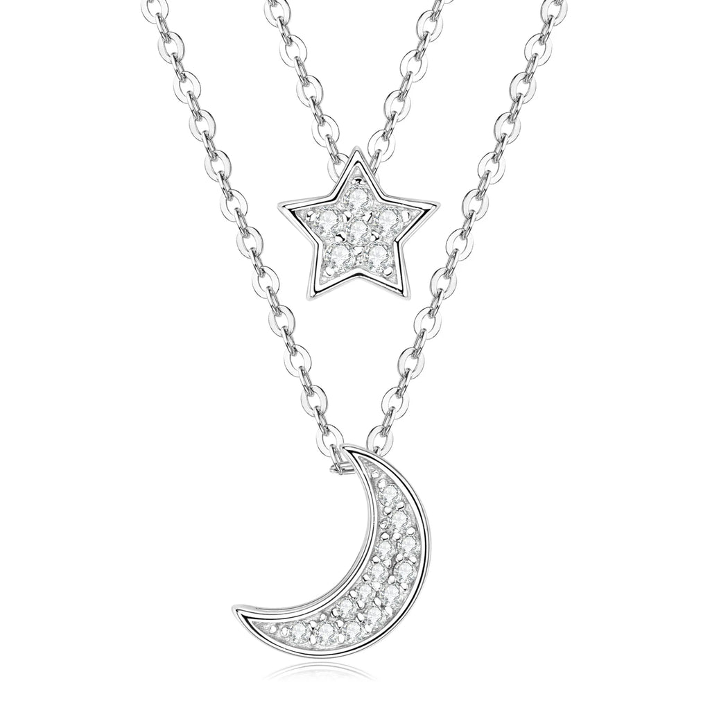 Crescent Moon And Star Necklace 925 Sterling Silver Double Layer With Moissanite Accents