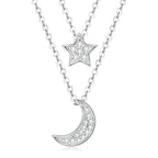 Crescent Moon And Star Necklace 925 Sterling Silver Double Layer With Moissanite Accents