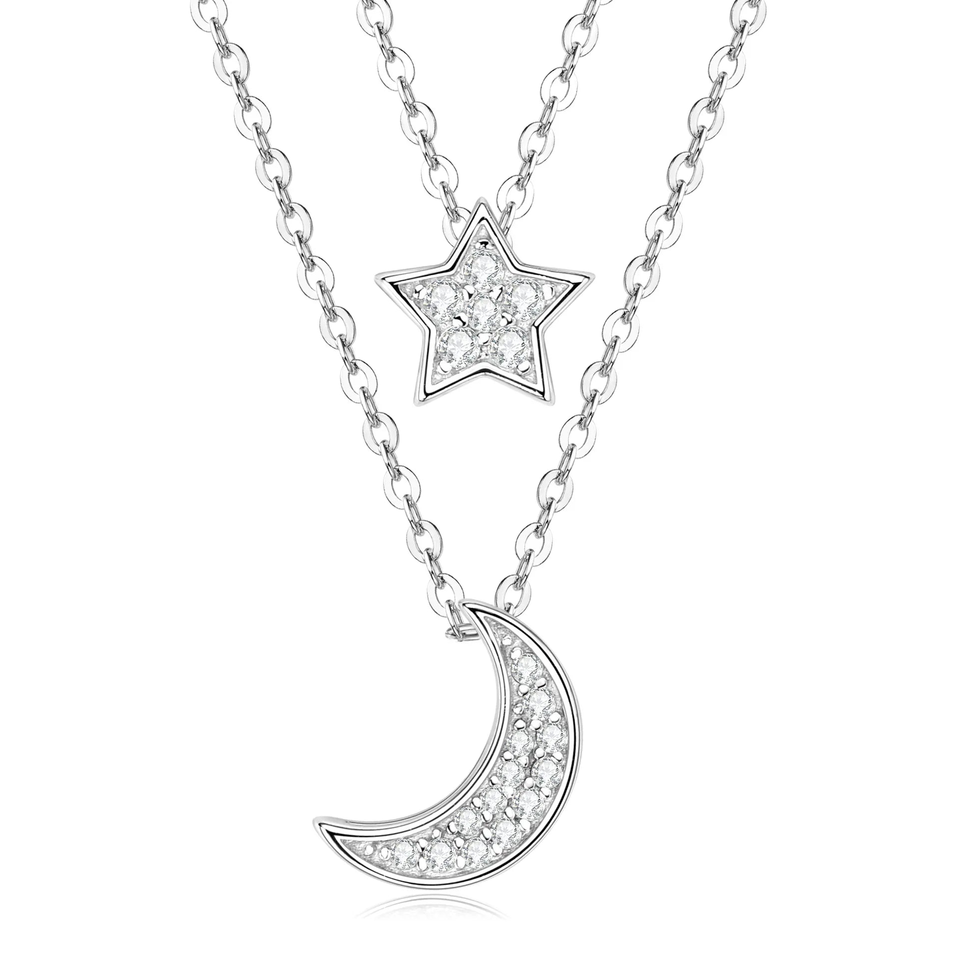 Crescent Moon And Star Necklace 925 Sterling Silver Double Layer With Moissanite Accents