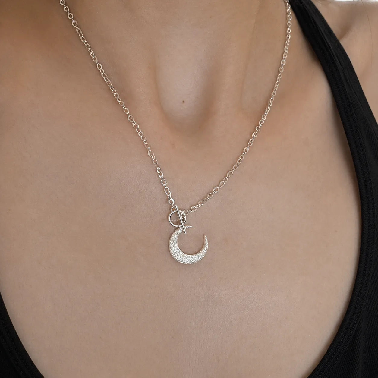 Crescent Moon Necklace 925 Sterling Silver Front Toggle Clasp