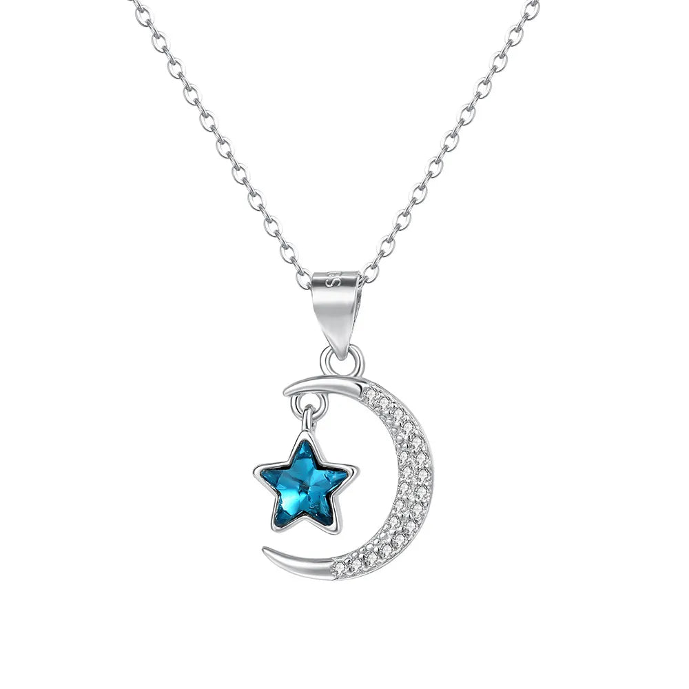 Crescent Moon Necklace 925 Sterling Silver Blue Star Charm