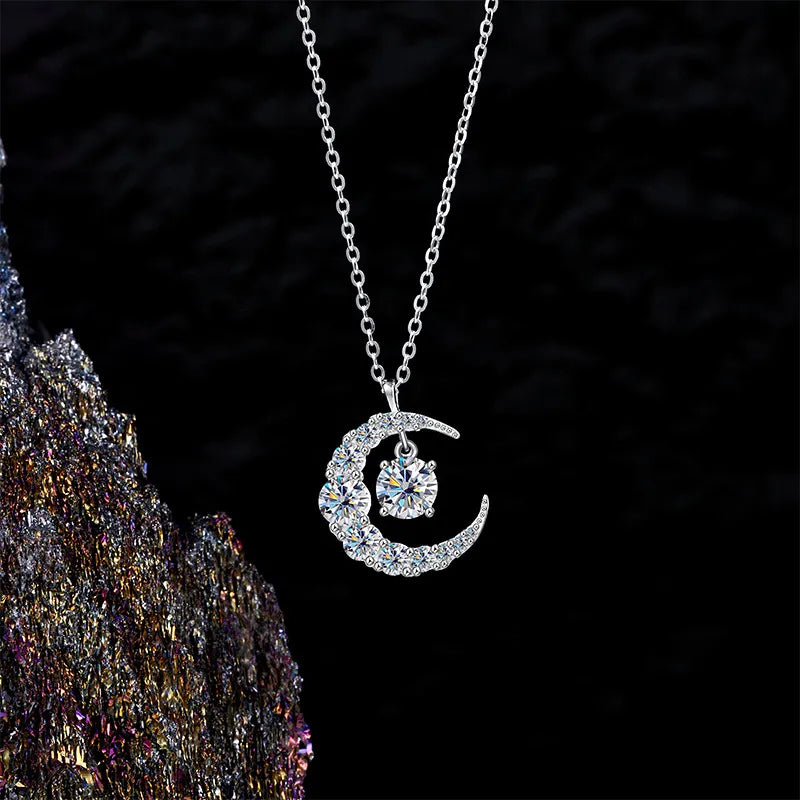 Crescent Moon Necklace 925 Sterling Silver 0.50 Ct Moissanite