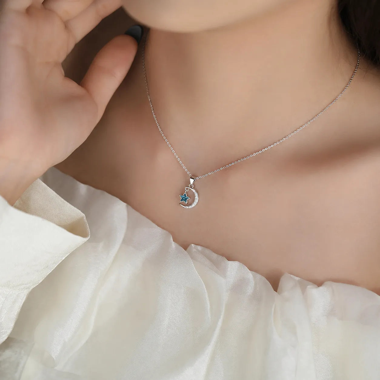 Crescent Moon Necklace 925 Sterling Silver Blue Star Charm