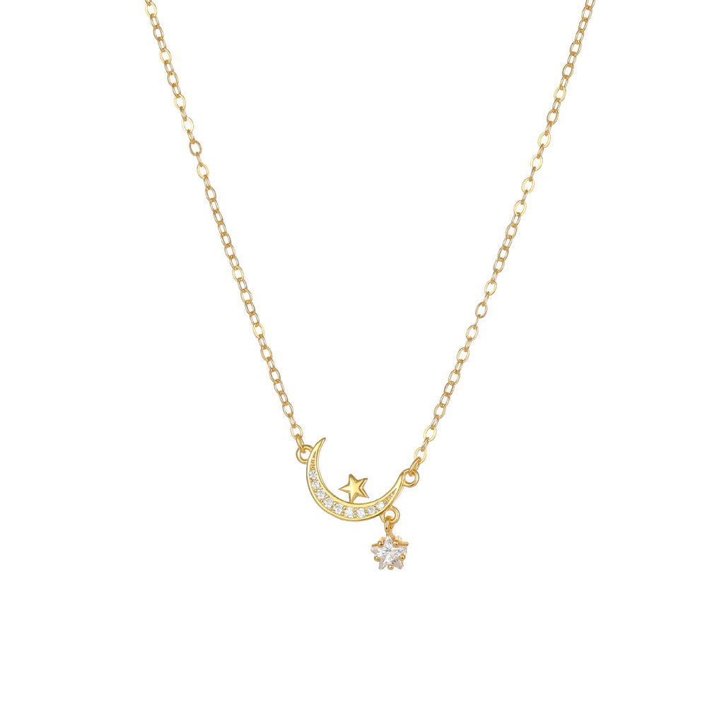 Crescent Moon Necklace With Star 925 Sterling Silver Cubic Zirconia Prong-Set Star Charm