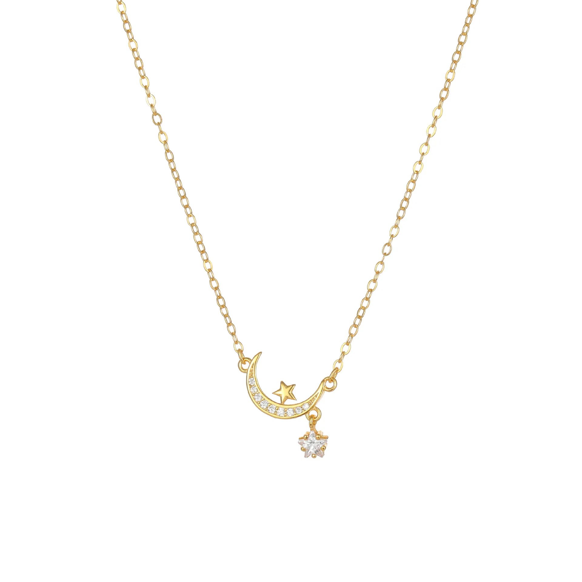 Crescent Moon Necklace With Star 925 Sterling Silver Cubic Zirconia Prong-Set Star Charm