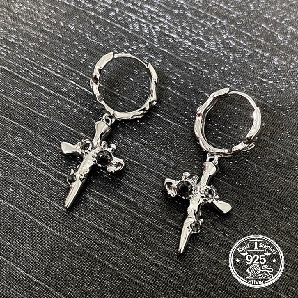 Cross Drop Earrings in 925 Sterling Silver with Textured Hoops