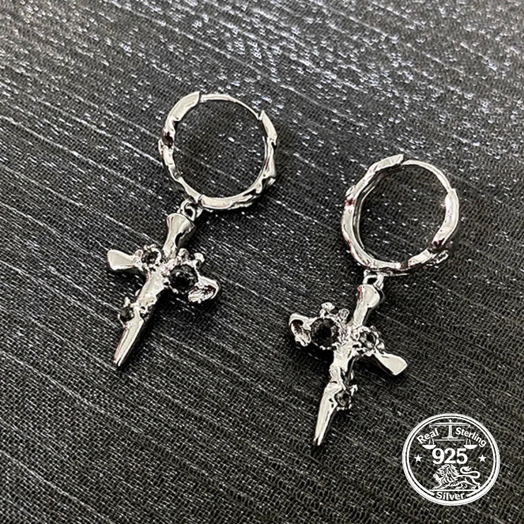 Cross Drop Earrings in 925 Sterling Silver with Textured Hoops