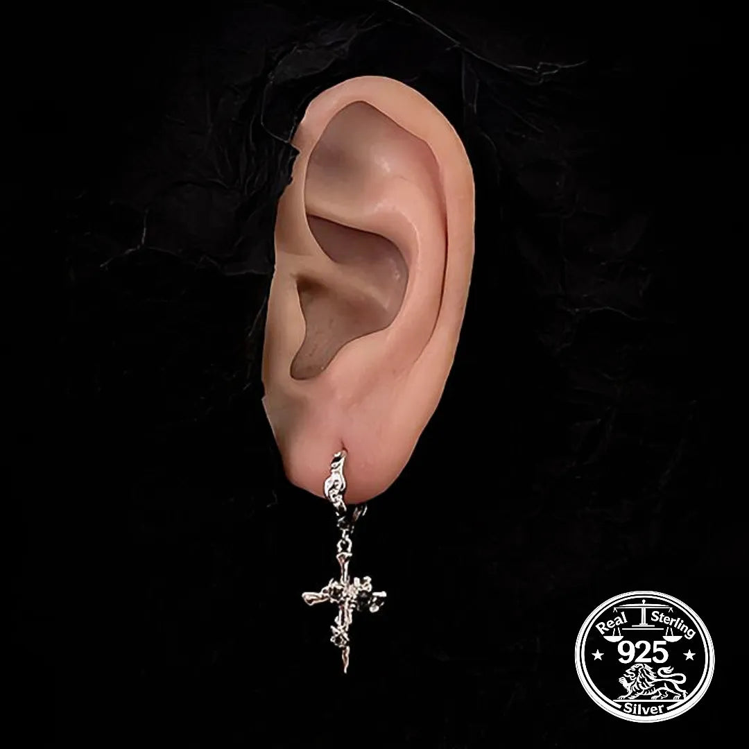 Cross Drop Earrings in 925 Sterling Silver with Textured Hoops
