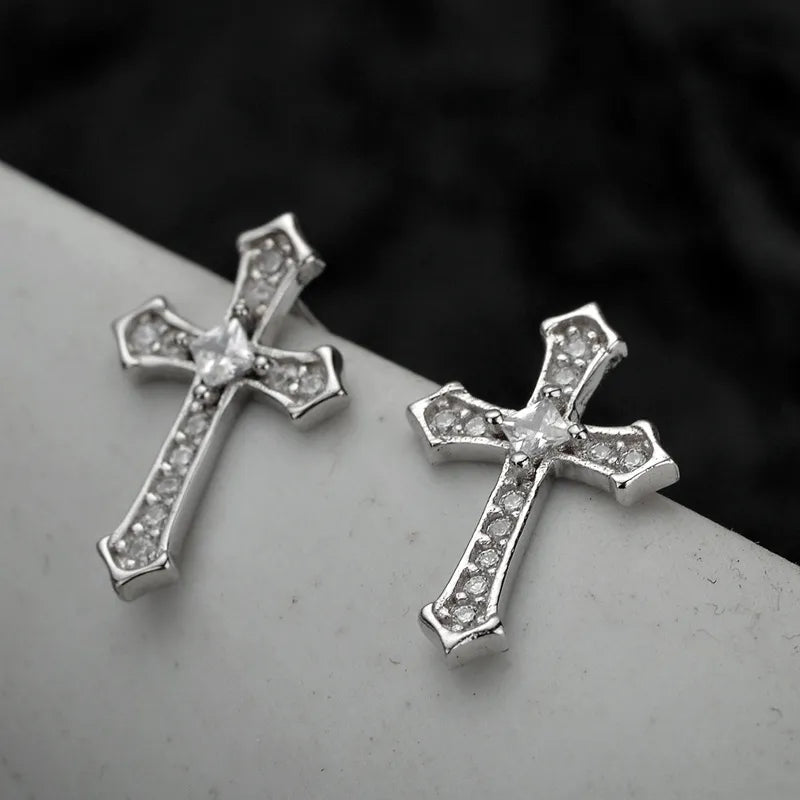 Cross Stud Earrings in 925 Sterling Silver with Cubic Zirconia Center Stone