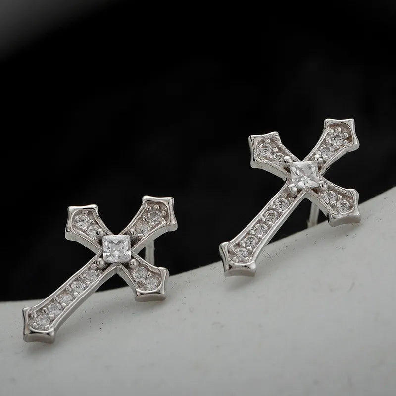 Cross Stud Earrings in 925 Sterling Silver with Cubic Zirconia Center Stone
