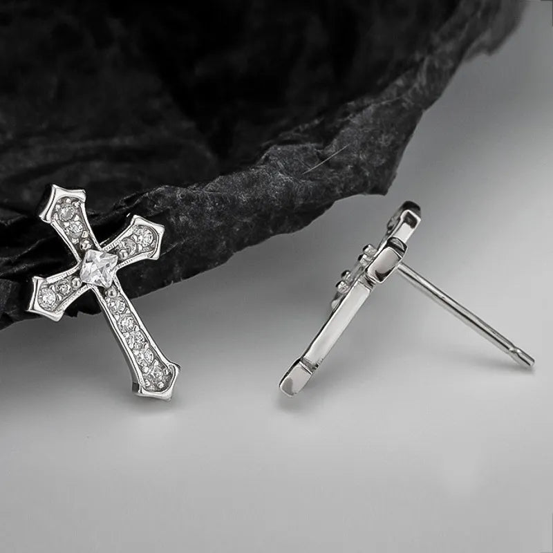 Cross Stud Earrings in 925 Sterling Silver with Cubic Zirconia Center Stone