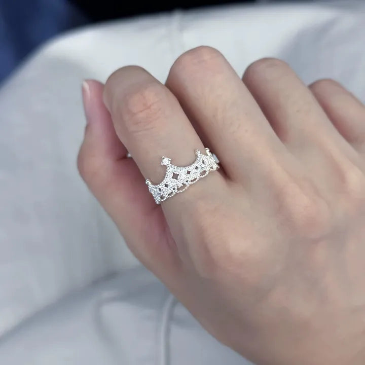 Crown Ring 925 Sterling Silver Cubic Zirconia Lace Inspired Detail