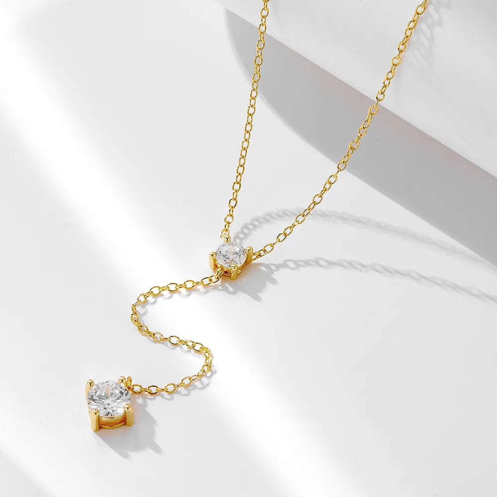 925 Sterling Silver Lariat Necklace with Cubic Zirconia Double Drop