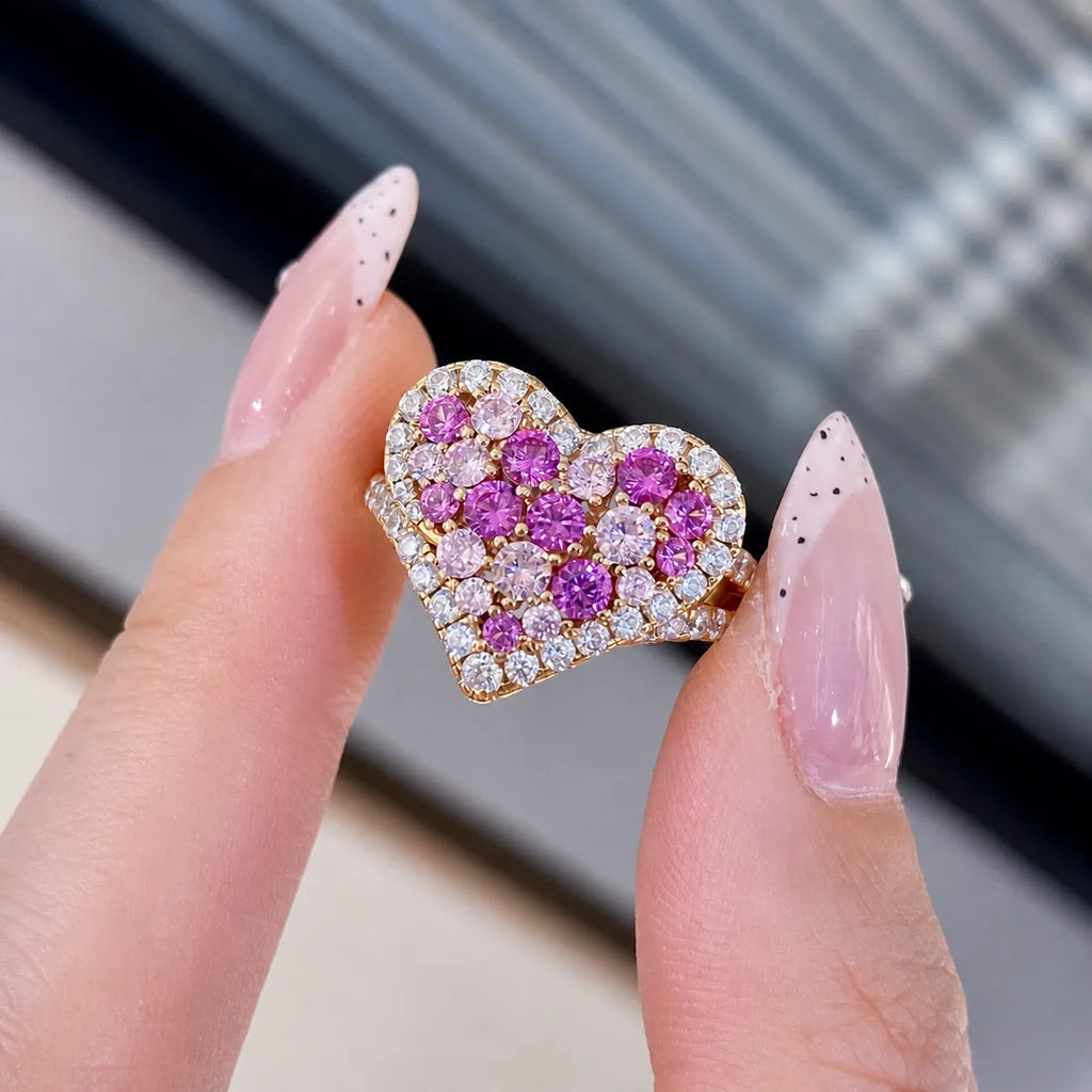 925 Sterling Silver Heart Ring Rose Gold Plated Pink Purple Cubic Zirconia Pave
