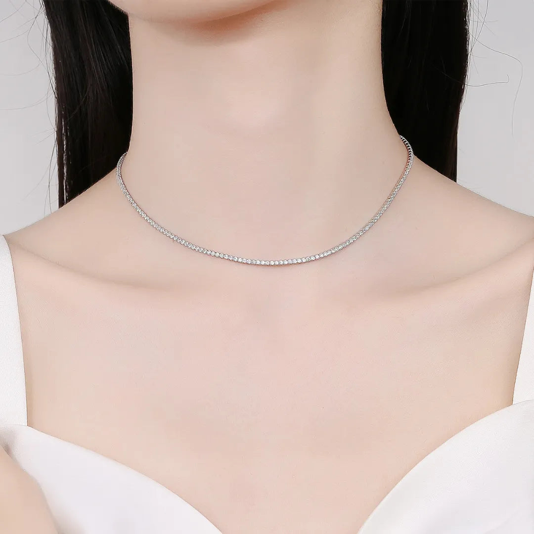 Cubic Zirconia Tennis Necklace 925 Sterling Silver Short Adjustable Chain
