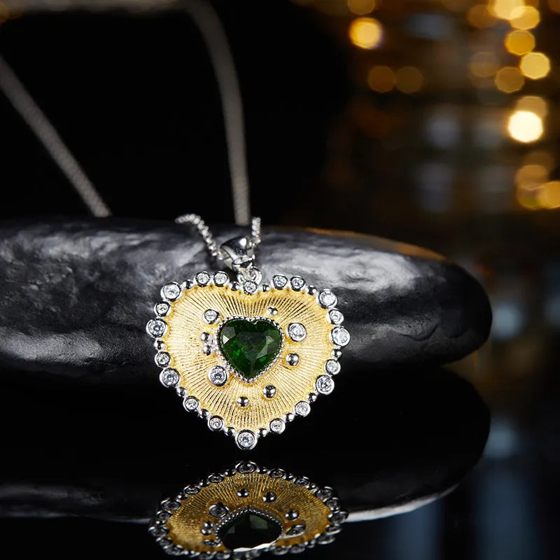 Heart Pendant Necklace 925 Sterling Silver 18K Gold Plated Textured Heart with Center Stone
