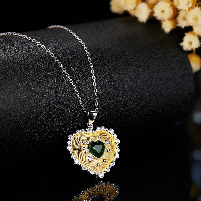 Heart Pendant Necklace 925 Sterling Silver 18K Gold Plated Textured Heart with Center Stone