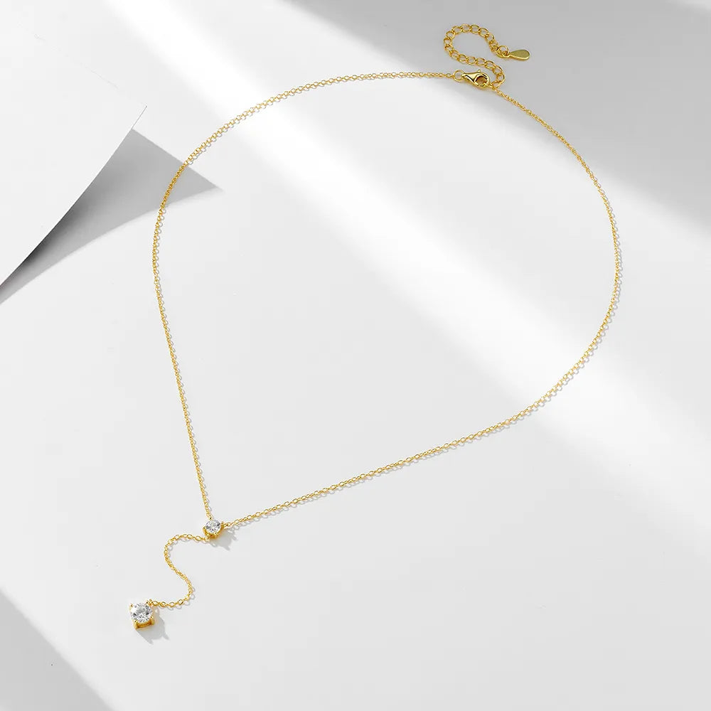 925 Sterling Silver Lariat Necklace with Cubic Zirconia Double Drop