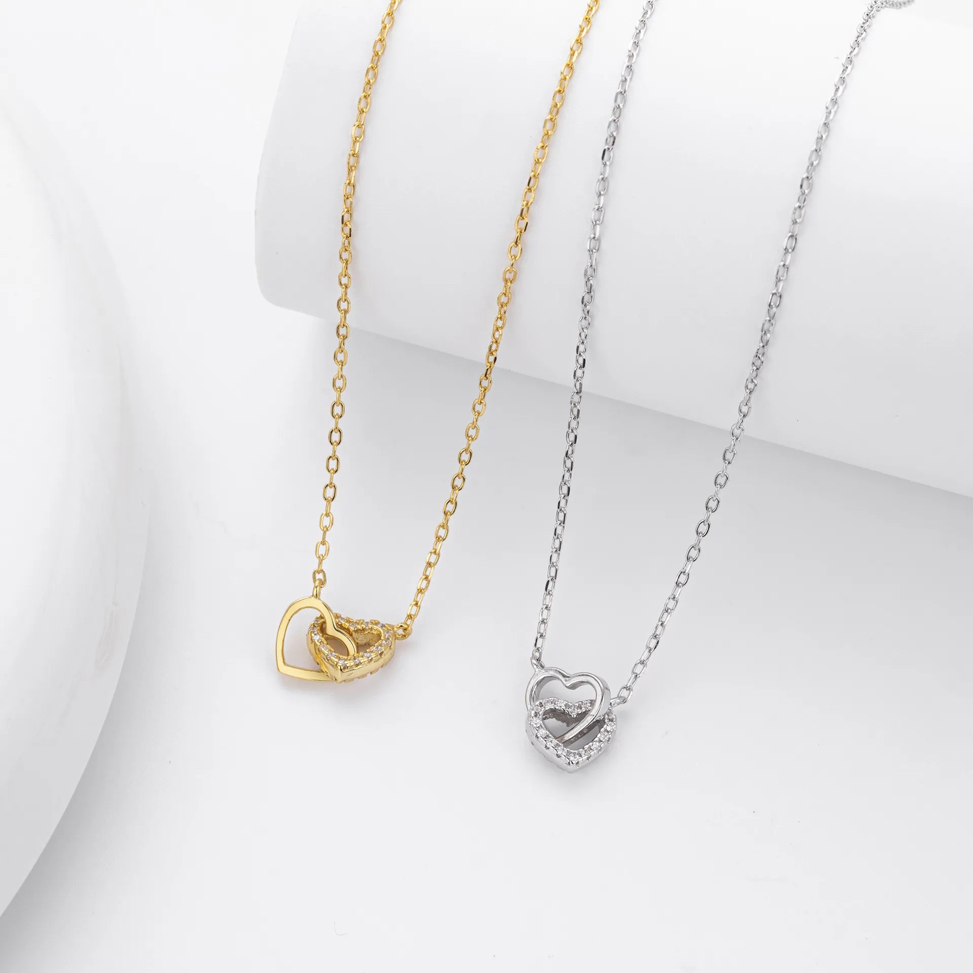 Double Heart Necklace 925 Sterling Silver Interlocking Heart Charm with Cubic Zirconia