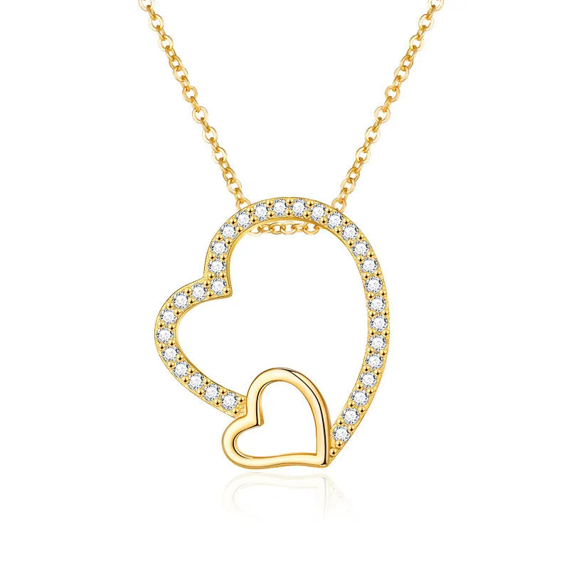 Double Heart Necklace 925 Sterling Silver Cubic Zirconia Pendant with Small Heart Detail