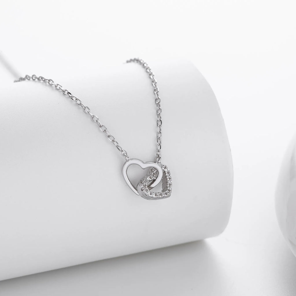 Double Heart Necklace 925 Sterling Silver Interlocking Heart Charm with Cubic Zirconia