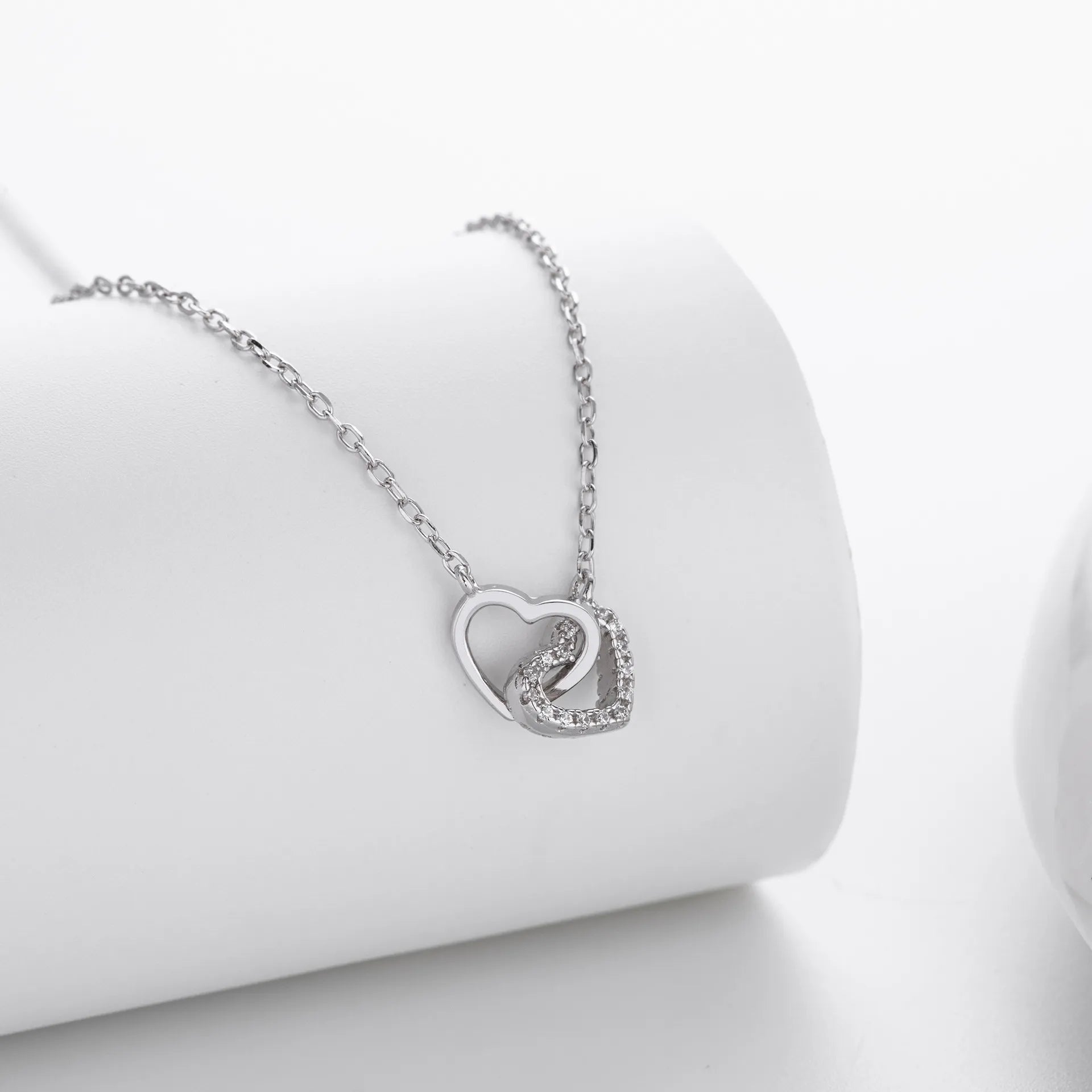 Double Heart Necklace 925 Sterling Silver Interlocking Heart Charm with Cubic Zirconia