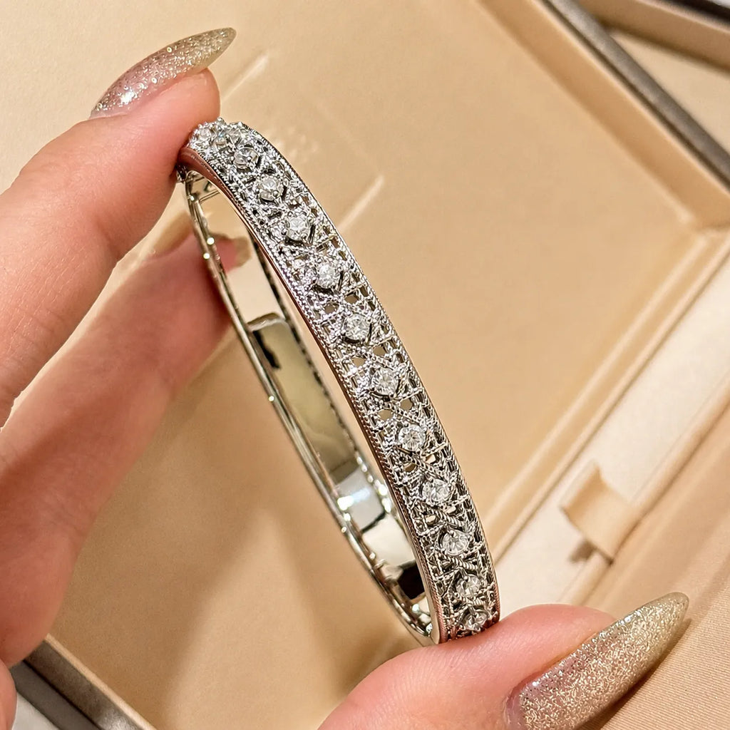 Engraved Bangle Bracelet 925 Sterling Silver Cubic Zirconia Italian Inspired Pattern