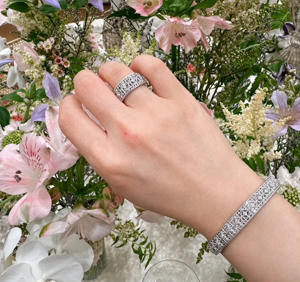 Engraved Bangle Bracelet 925 Sterling Silver Cubic Zirconia Italian Inspired Pattern