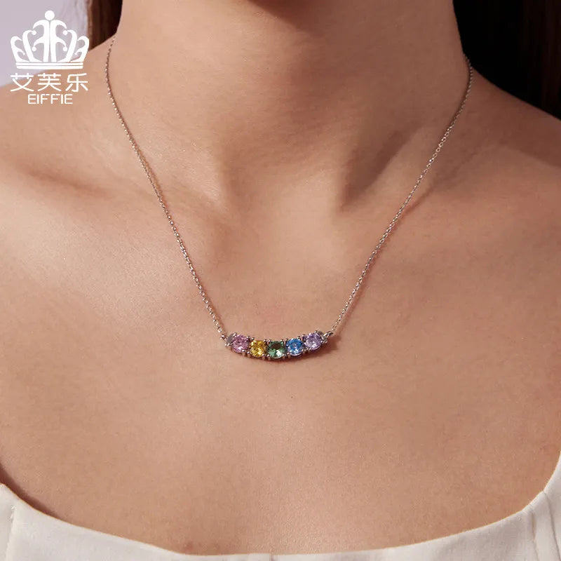Cubic Zirconia Choker Necklace 925 Sterling Silver Colorful Five-Stone