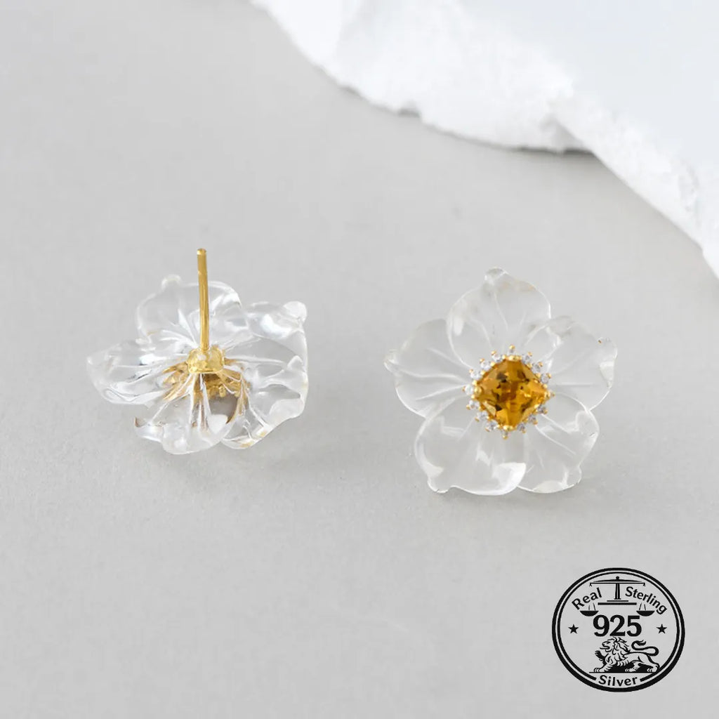 Flower Stud Earrings in 925 Sterling Silver with White Crystal Petals