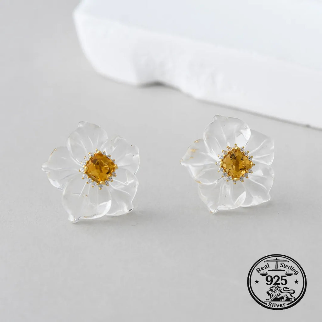 Flower Stud Earrings in 925 Sterling Silver with White Crystal Petals