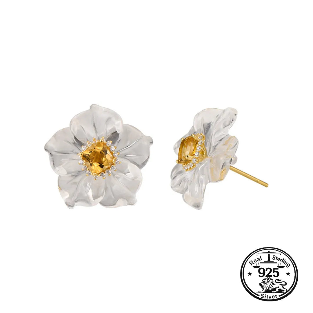 Flower Stud Earrings in 925 Sterling Silver with White Crystal Petals