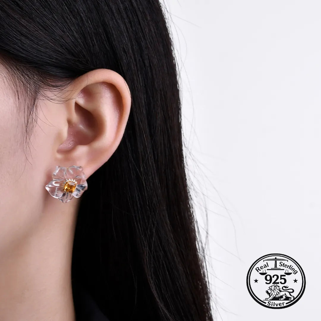 Flower Stud Earrings in 925 Sterling Silver with White Crystal Petals